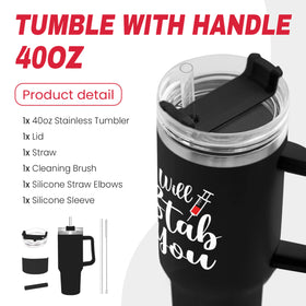 SANDJEST I Will Stab You tumbler side view with handle shown on the go