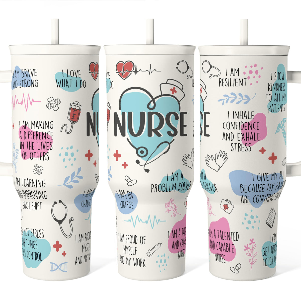 Sandjest Nurse Tumbler with Handle 40oz shown for on-the-go hydration during shifts.