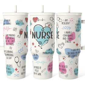 Sandjest Nurse Tumbler with Handle 40oz shown for on-the-go hydration during shifts.