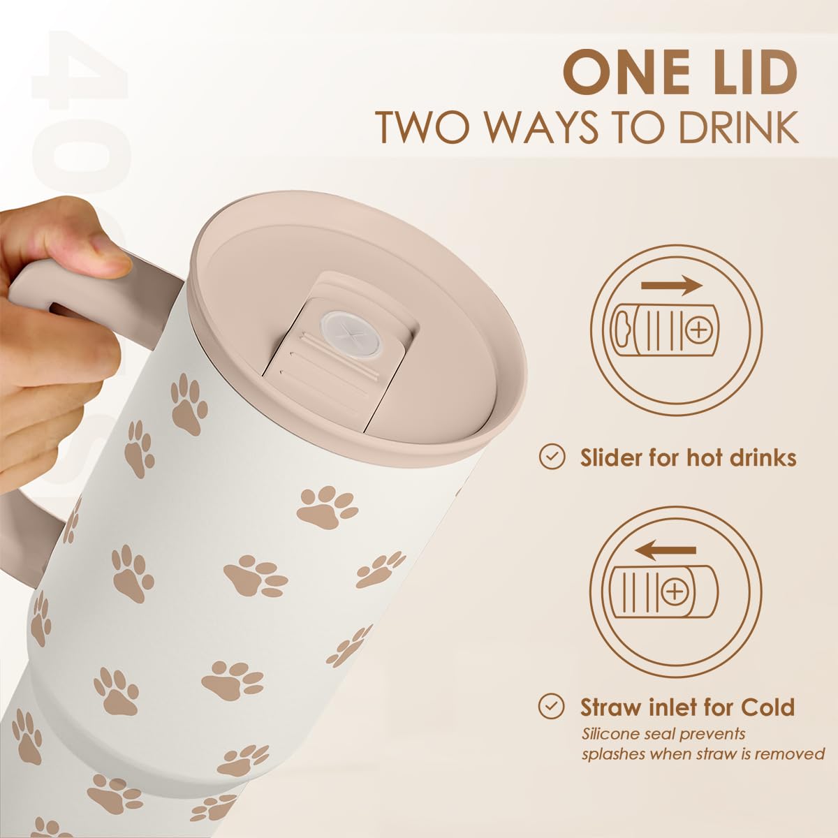 SandJest paw print tumbler in hand demonstrating portability