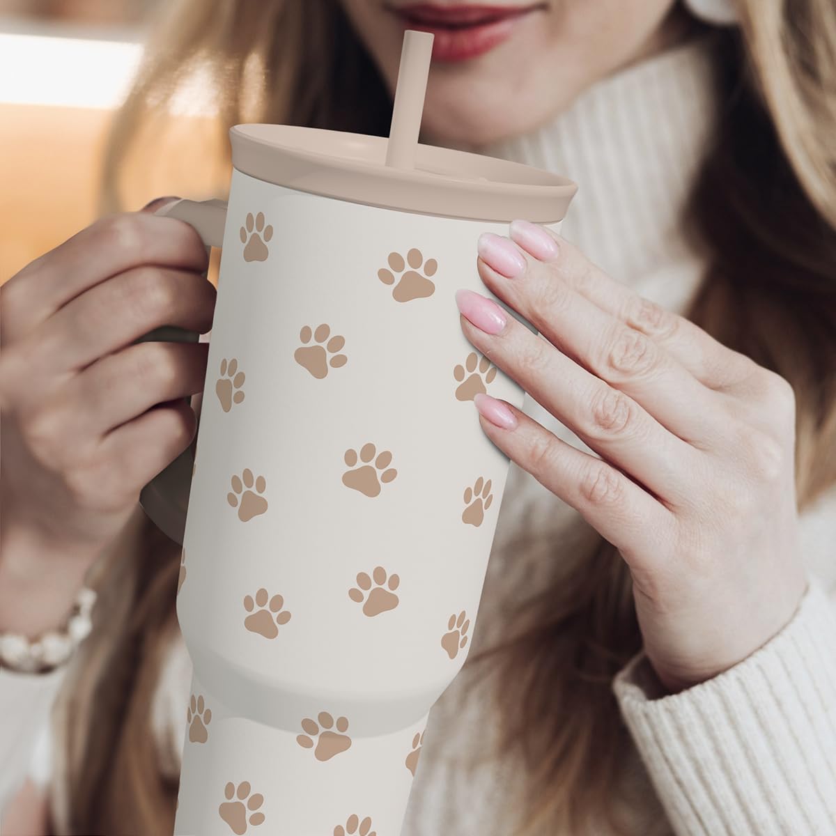 SandJest paw print tumbler on desk showcasing durable stainless steel