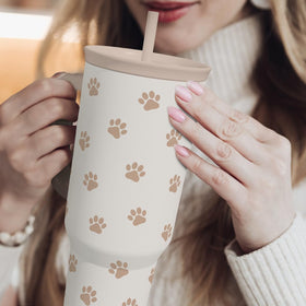 SandJest paw print tumbler on desk showcasing durable stainless steel