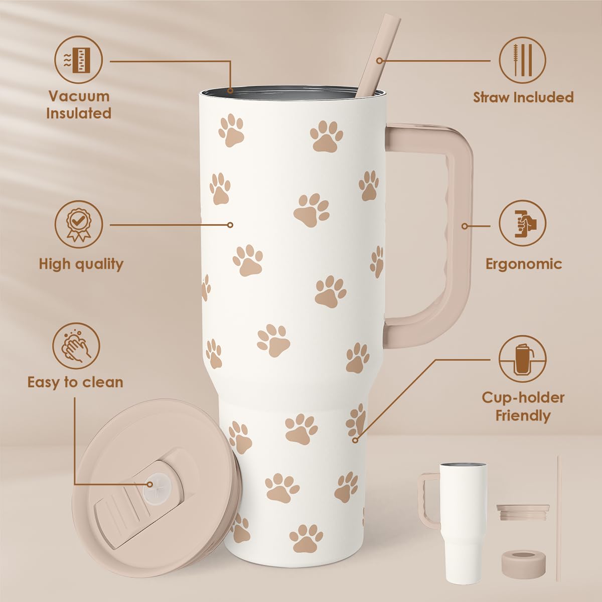 SandJest paw print tumbler side view showing ergonomic grip