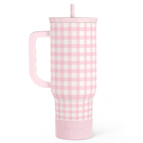 SANDJEST Pink Gingham 40oz Slider Tumbler with handle offers stylish hydration on the go.