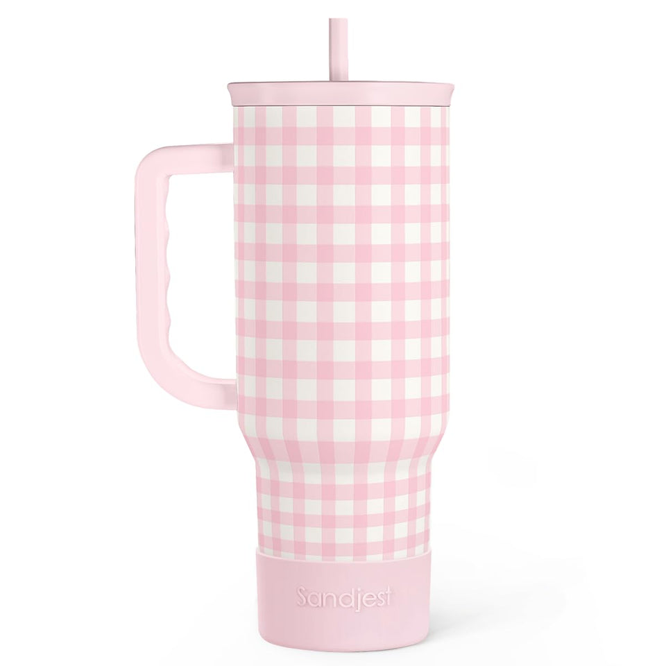 SANDJEST Pink Gingham 40oz Slider Tumbler with handle offers stylish hydration on the go.