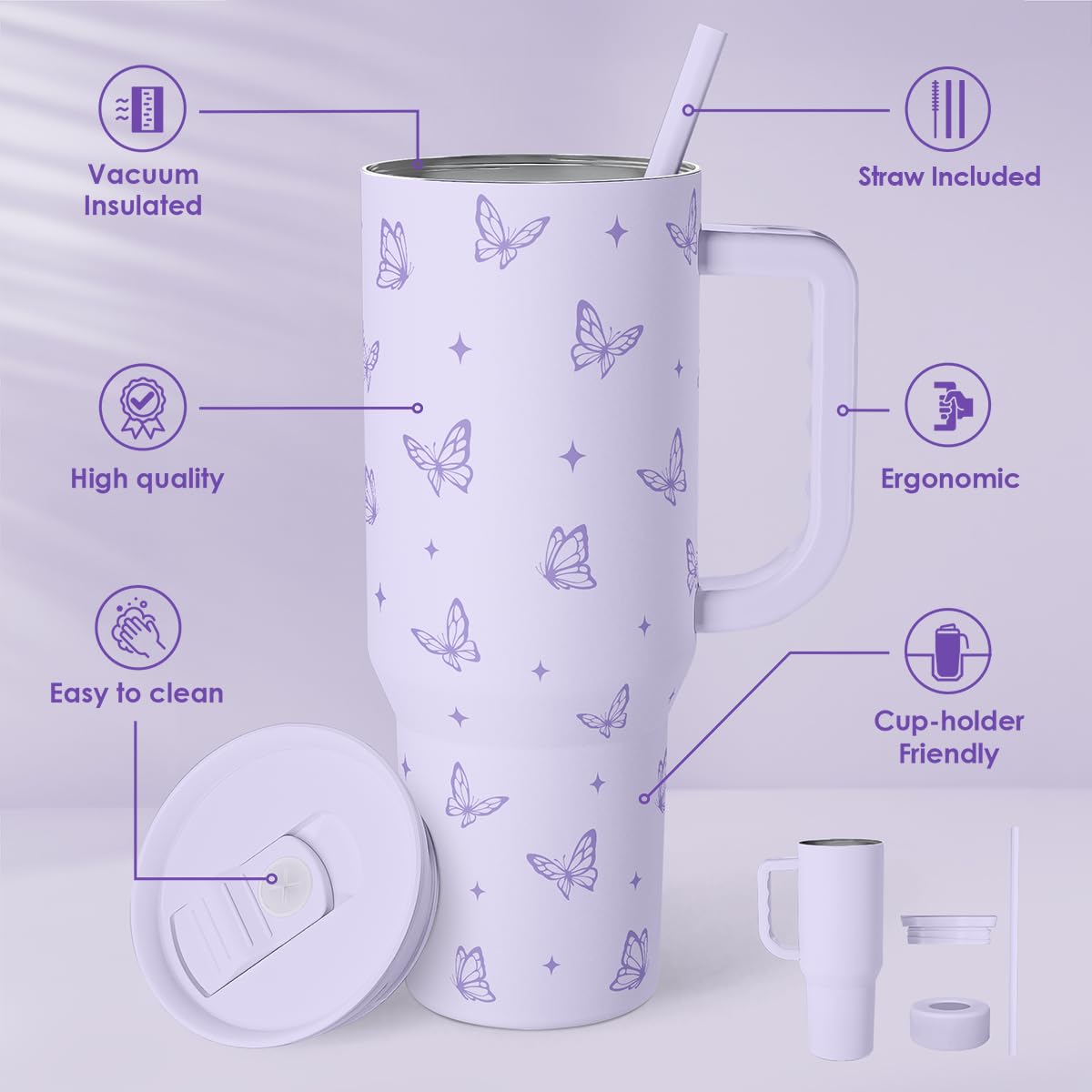 SANDJEST purple butterfly design travel mug keeps drinks hot or cold.