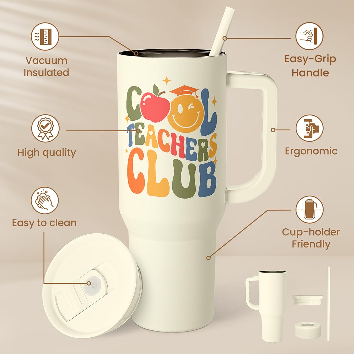 SANDJEST Slider Tumbler With Handle 40oz side view showing easy-carry design.