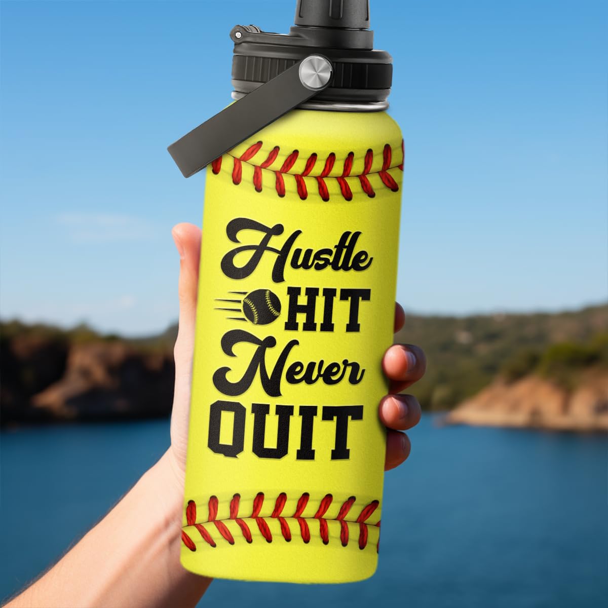 SANDJEST Softball Water Bottle with lid and spill-resistant features during outdoor activities