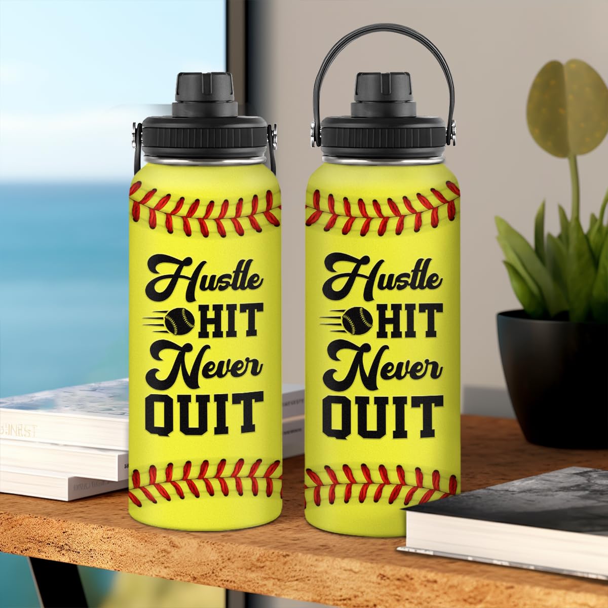 SANDJEST Softball Water Bottle in gym setting showcases durable insulated construction