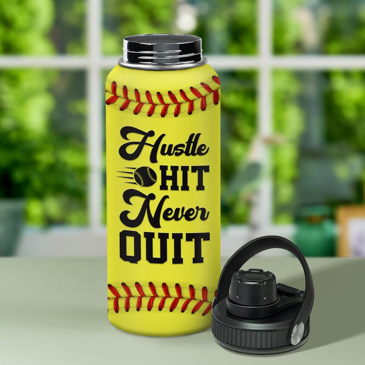 SANDJEST Softball Water Bottle top cap close-up for convenient sip access