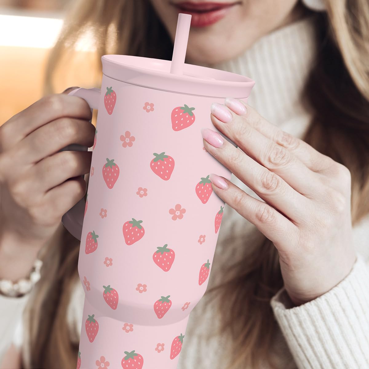 SANDJEST Strawberry Tumbler in daily use at desk or gym.