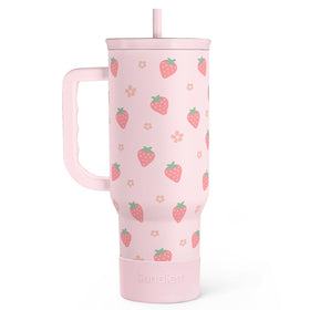 SANDJEST Strawberry Tumbler front view showing grip-friendly design for on-the-go hydration.