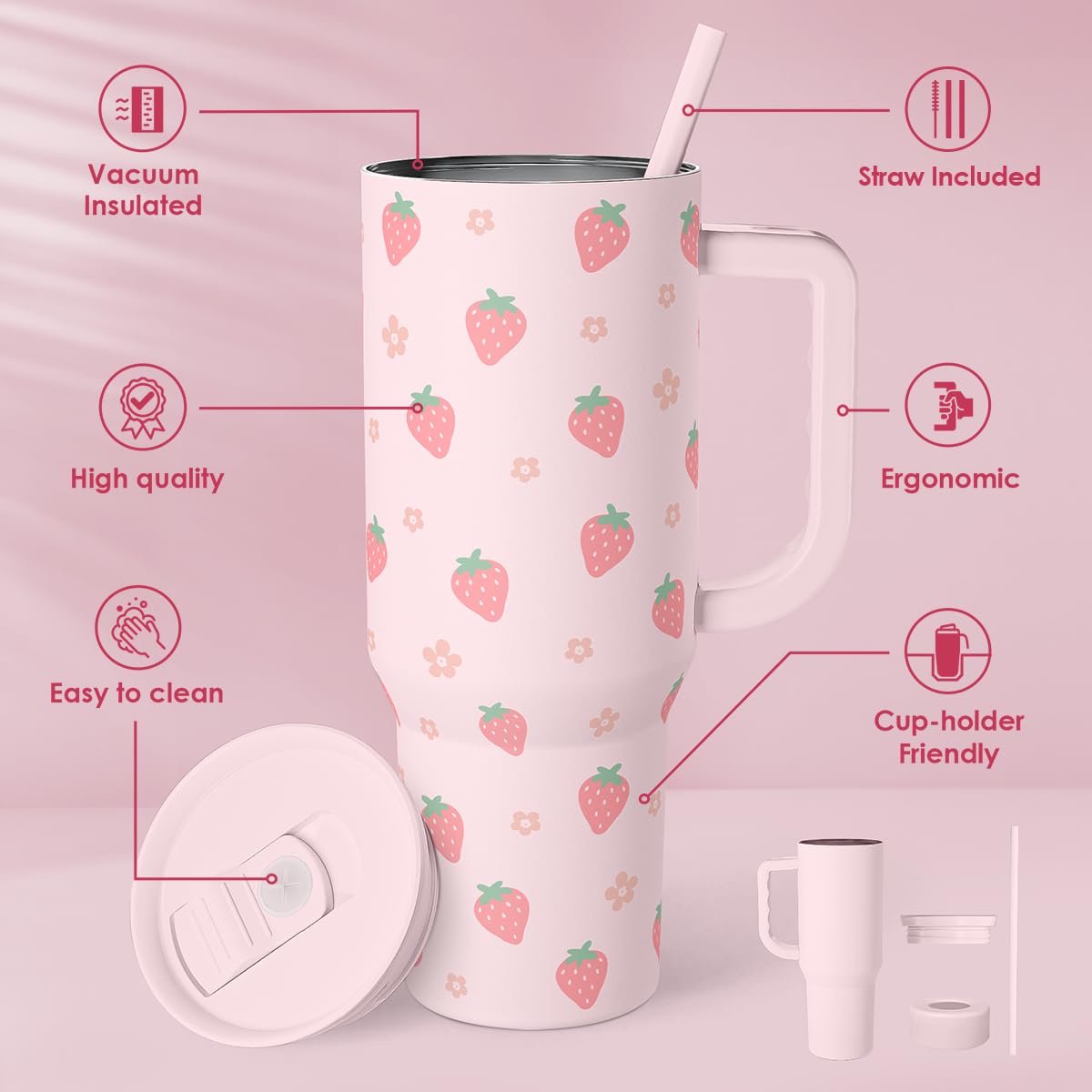 SANDJEST Strawberry Tumbler side view highlighting ergonomic handle for easy carry.