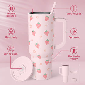 SANDJEST Strawberry Tumbler side view highlighting ergonomic handle for easy carry.