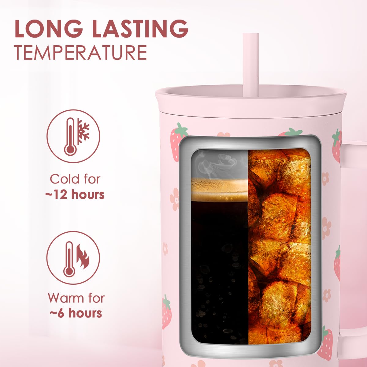 SANDJEST Strawberry Tumbler in hand demonstrates comfortable grip for travel or workouts.