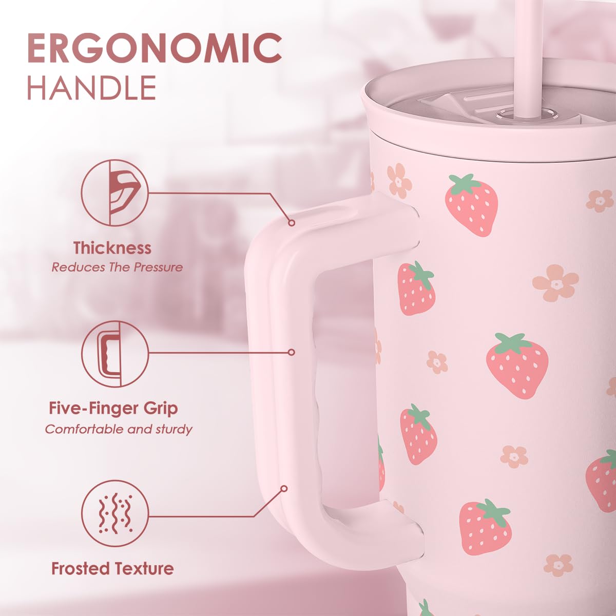 SANDJEST Strawberry Tumbler lid close-up, secure cap preserves temperature during transport.