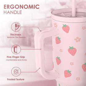 SANDJEST Strawberry Tumbler lid close-up, secure cap preserves temperature during transport.