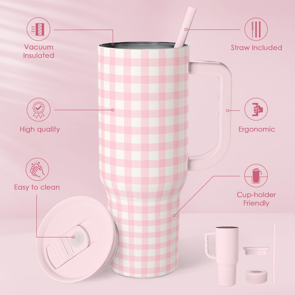 SANDJEST tumbler with handle designed for easy carrying at home, work, or gym.