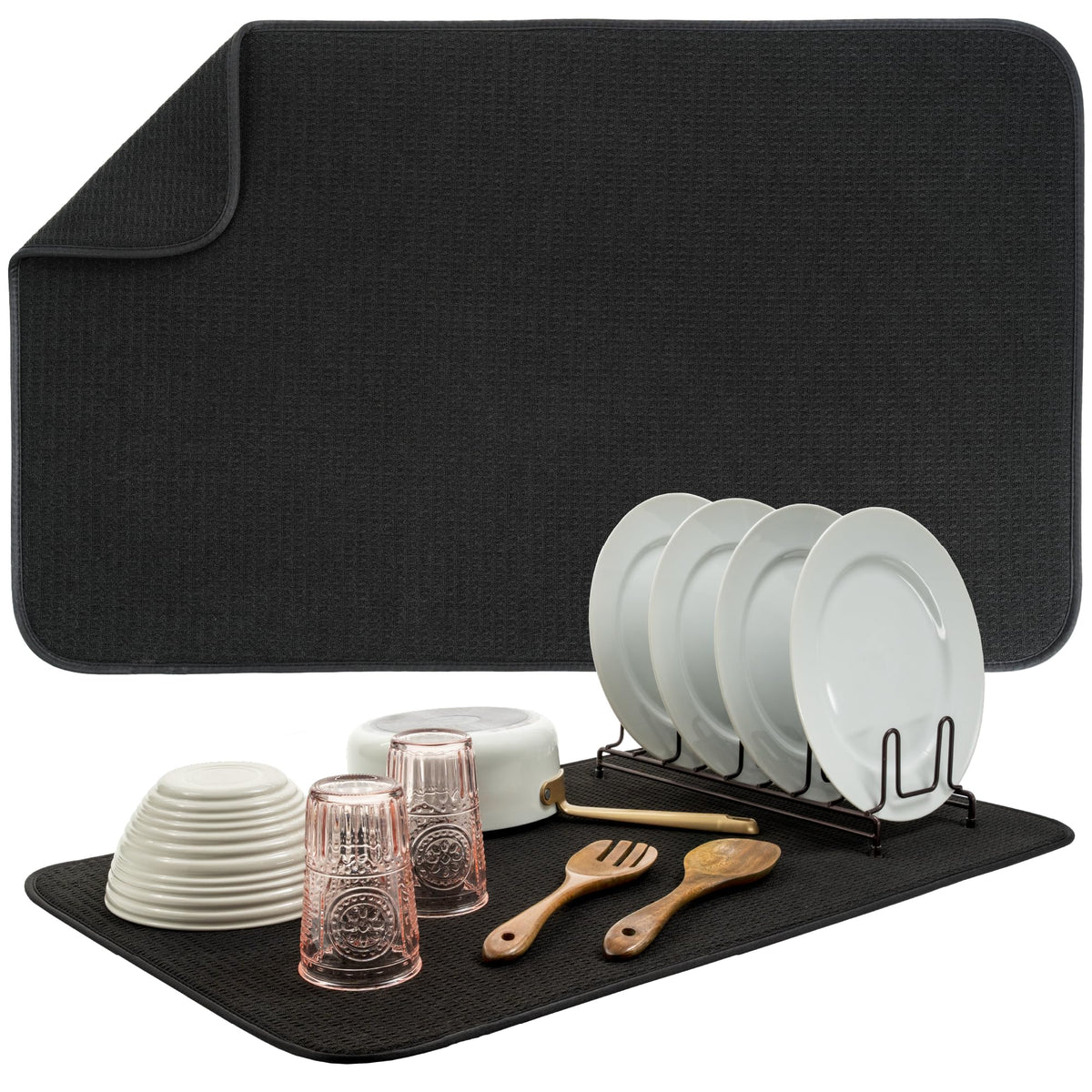S&T INC. dish drying mat 18x30 black absorbs moisture quickly to protect counters.