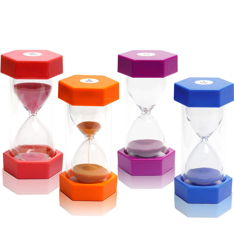 SANDTIMER colorful hourglasses set viewed together for classroom timing and desk decor.
