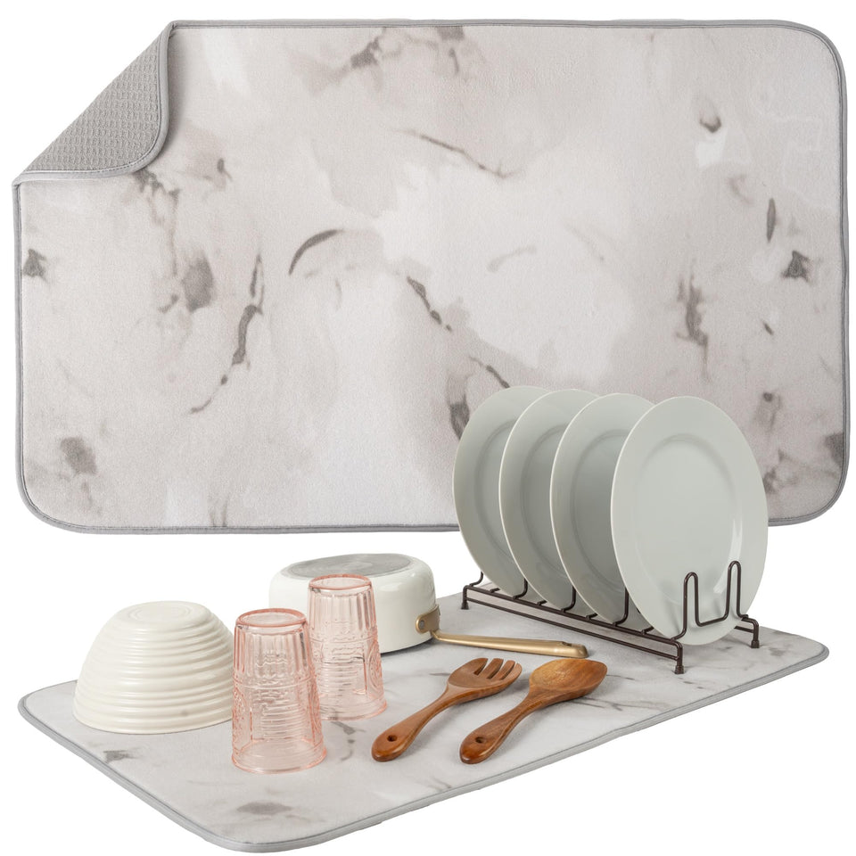 S&T INC. Dish Drying Mat XL in grey stone absorbs water quickly to protect countertops.