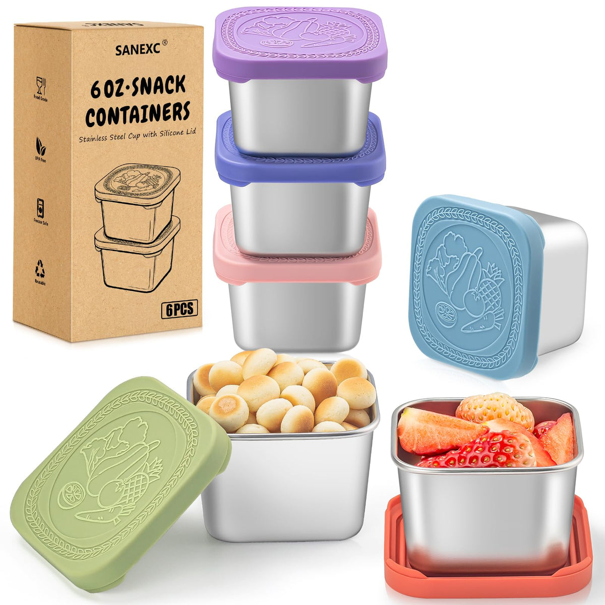SANEXC 6oz snack container set for kid-friendly lunches and portability.