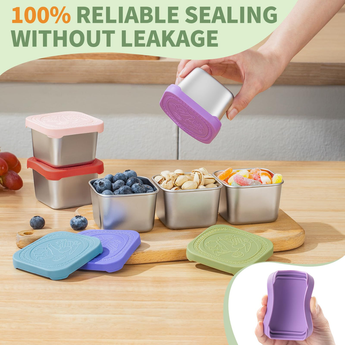 SANEXC silicone lids closeup with easy-open design for kids.