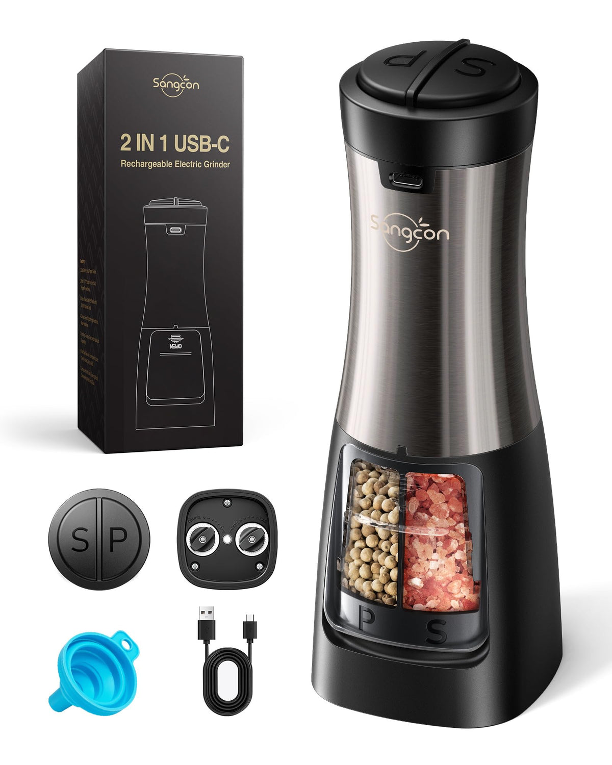Sangcon 2-in-1 electric salt and pepper grinder set ready for precise seasoning at home or outdoors.