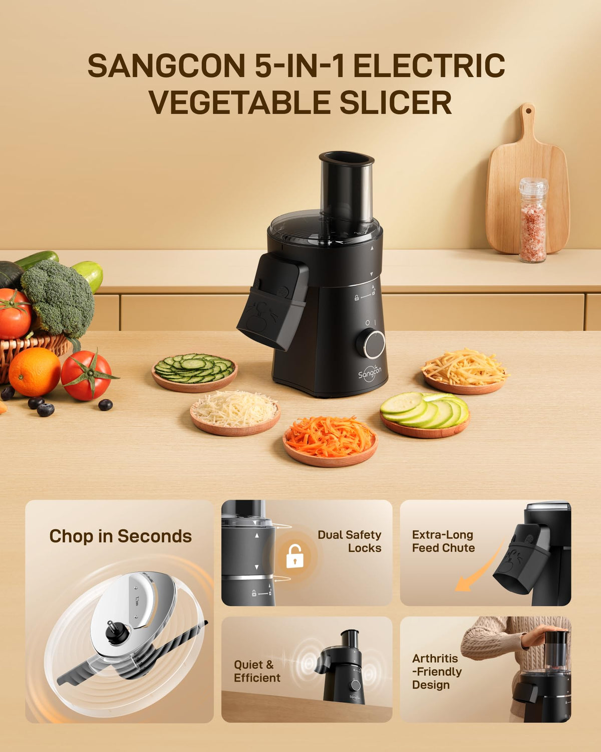 Sangcon 5-in-1 kitchen slicer and shredder for vegetables and cheese