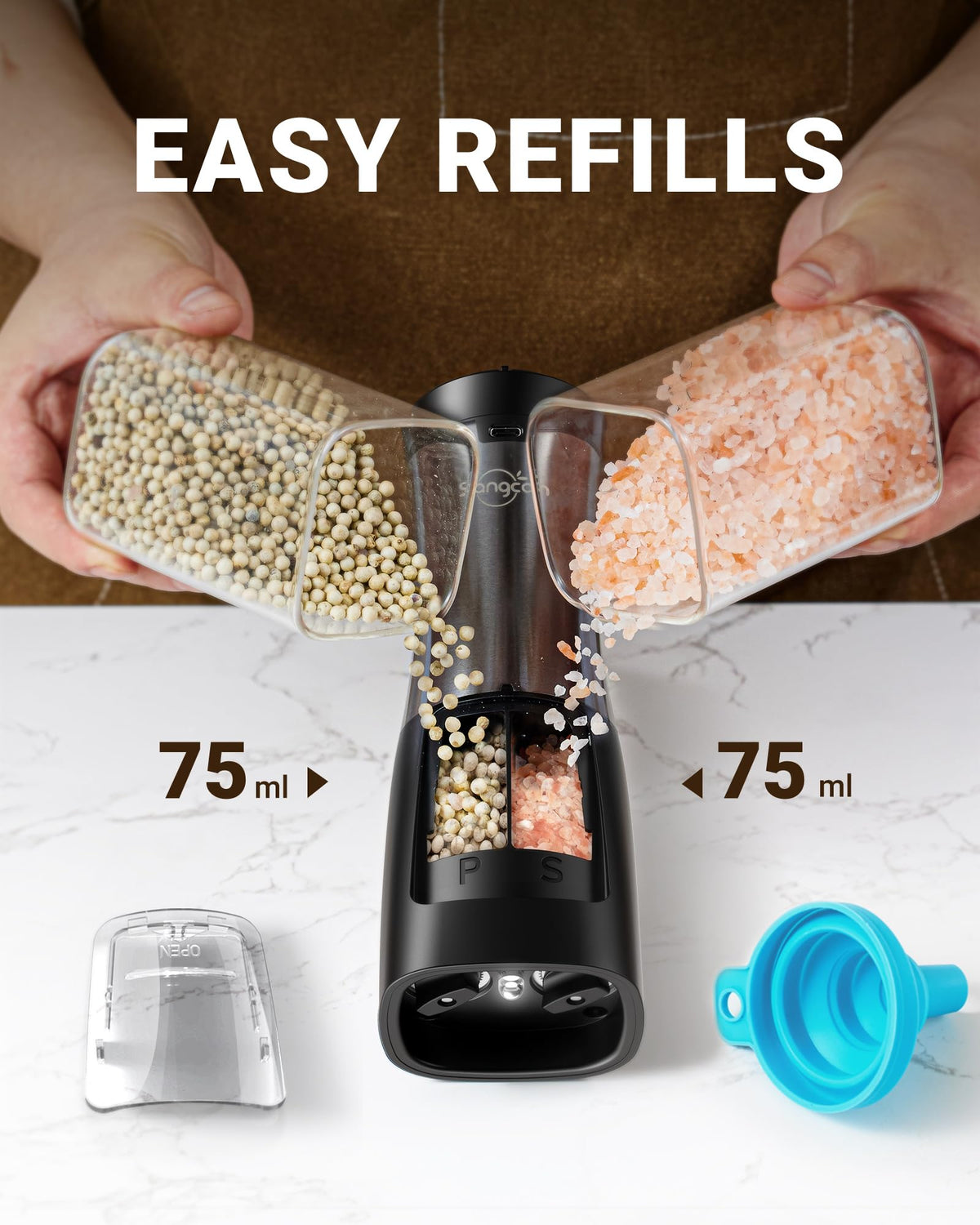 Sangcon adjustable coarseness knobs tailor grind size to your dish.
