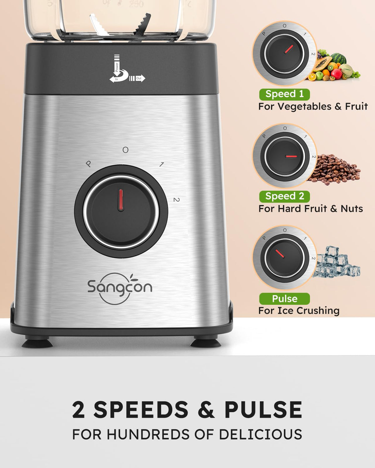 Sangcon blender two-speed pulse for smooth or chunky textures.