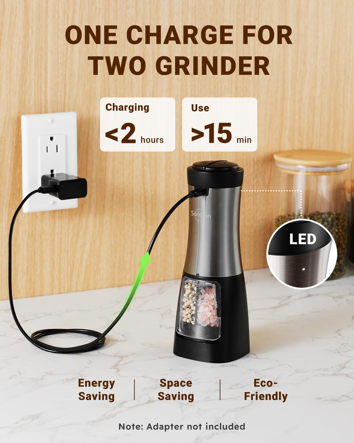 Sangcon dual-bin design holds salt and pepper separately for quick swapping.