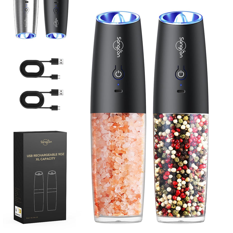 Sangcon gravity electric grinder set on a kitchen counter, showcasing easy one-handed use