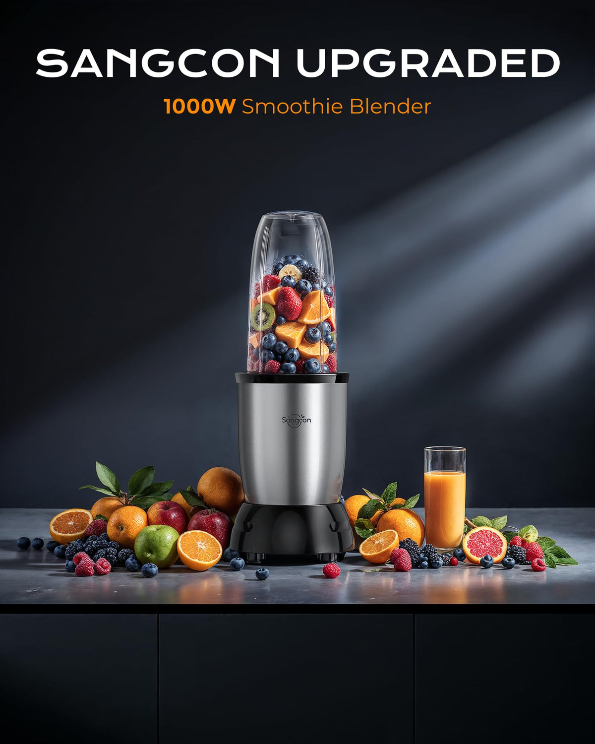 Sangcon ice-crushing action blends frozen fruit in seconds.