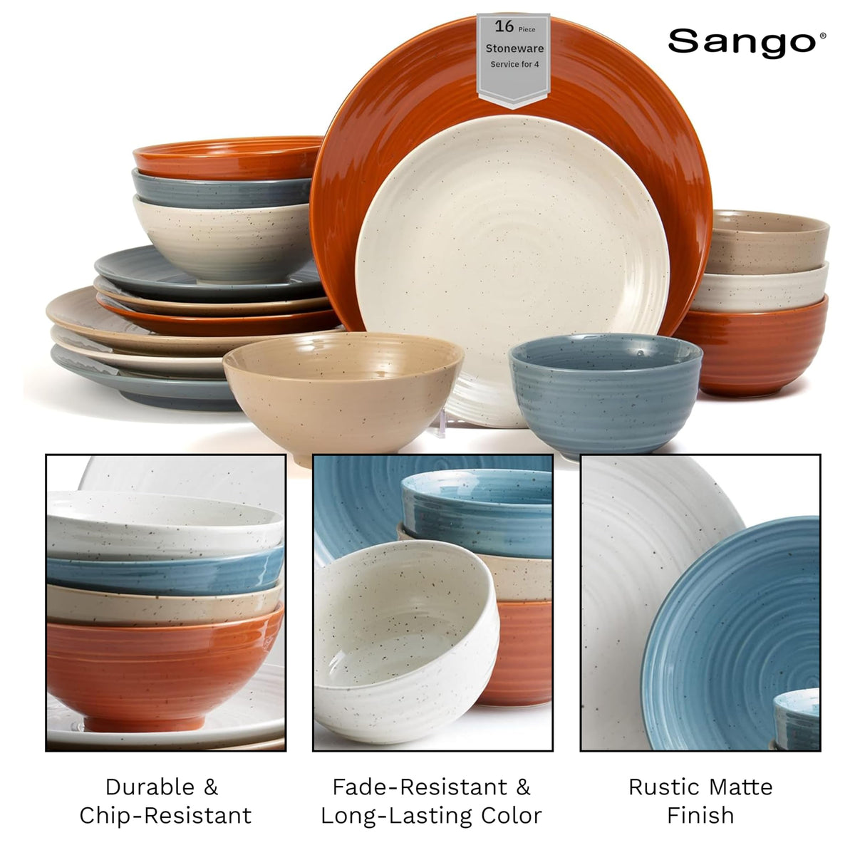 Sango Siterra salad plates, lightweight and stackable for tidy cabinets.
