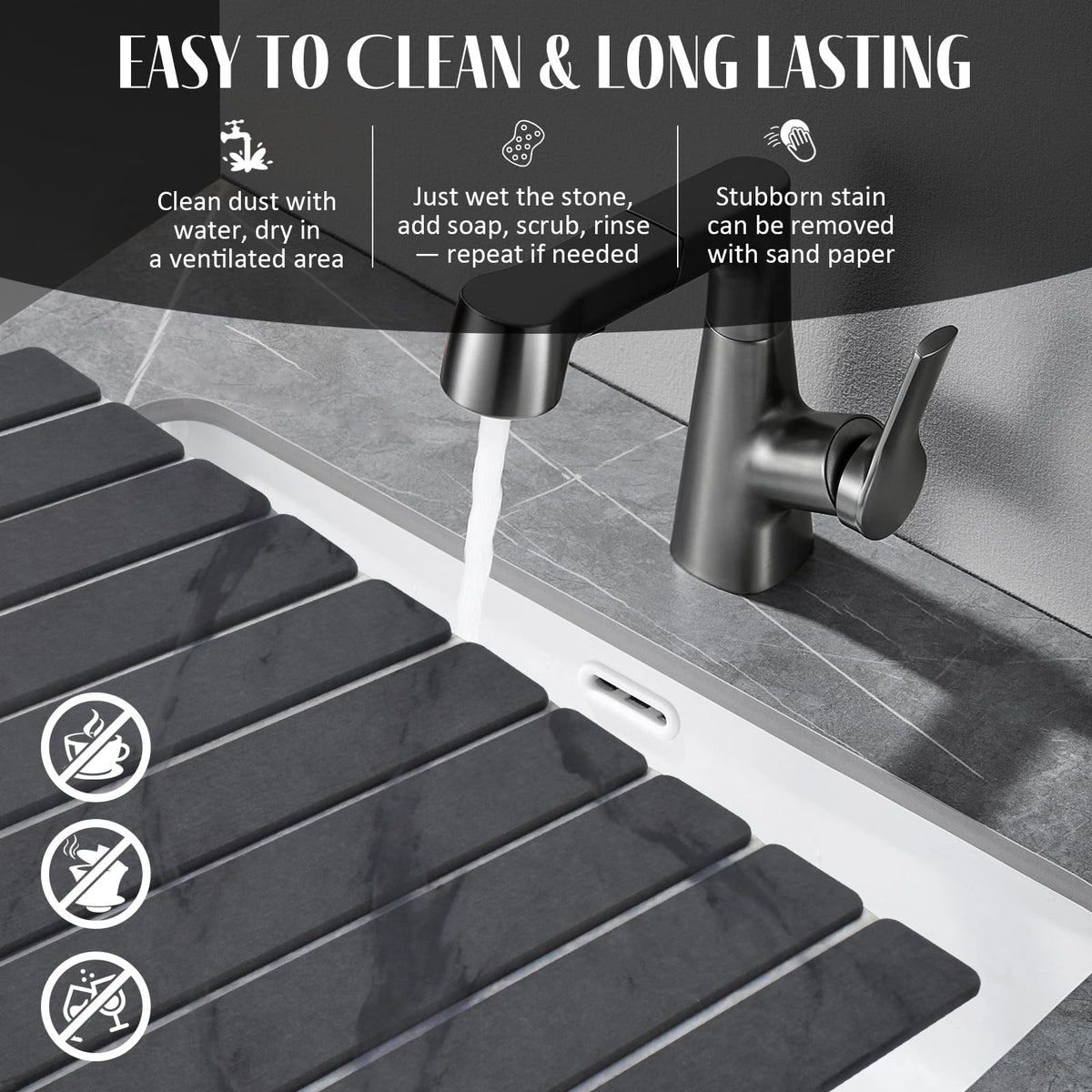 Sangukiro diatomaceous earth material speeds water absorption for quick drying.