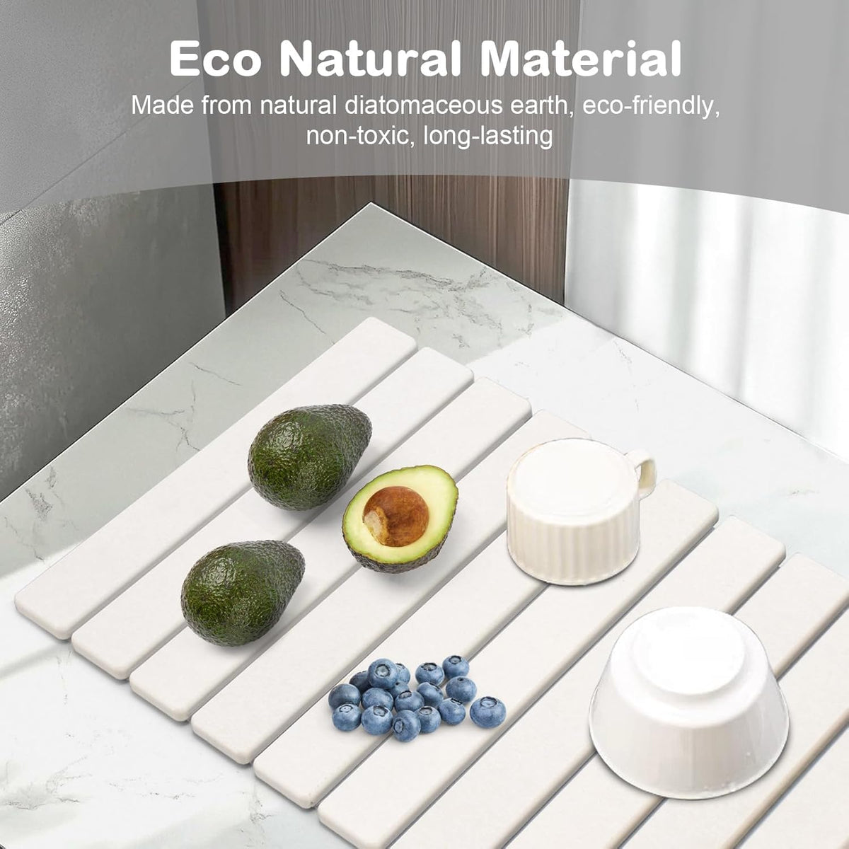 Sangukiro stone drying mat in use on counter with clean dishes.