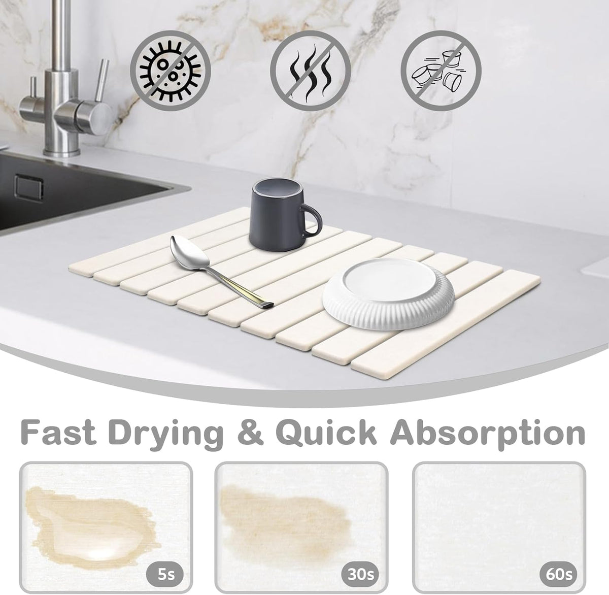 Sangukiro stone drying mat absorbing water droplets on a dish rack.
