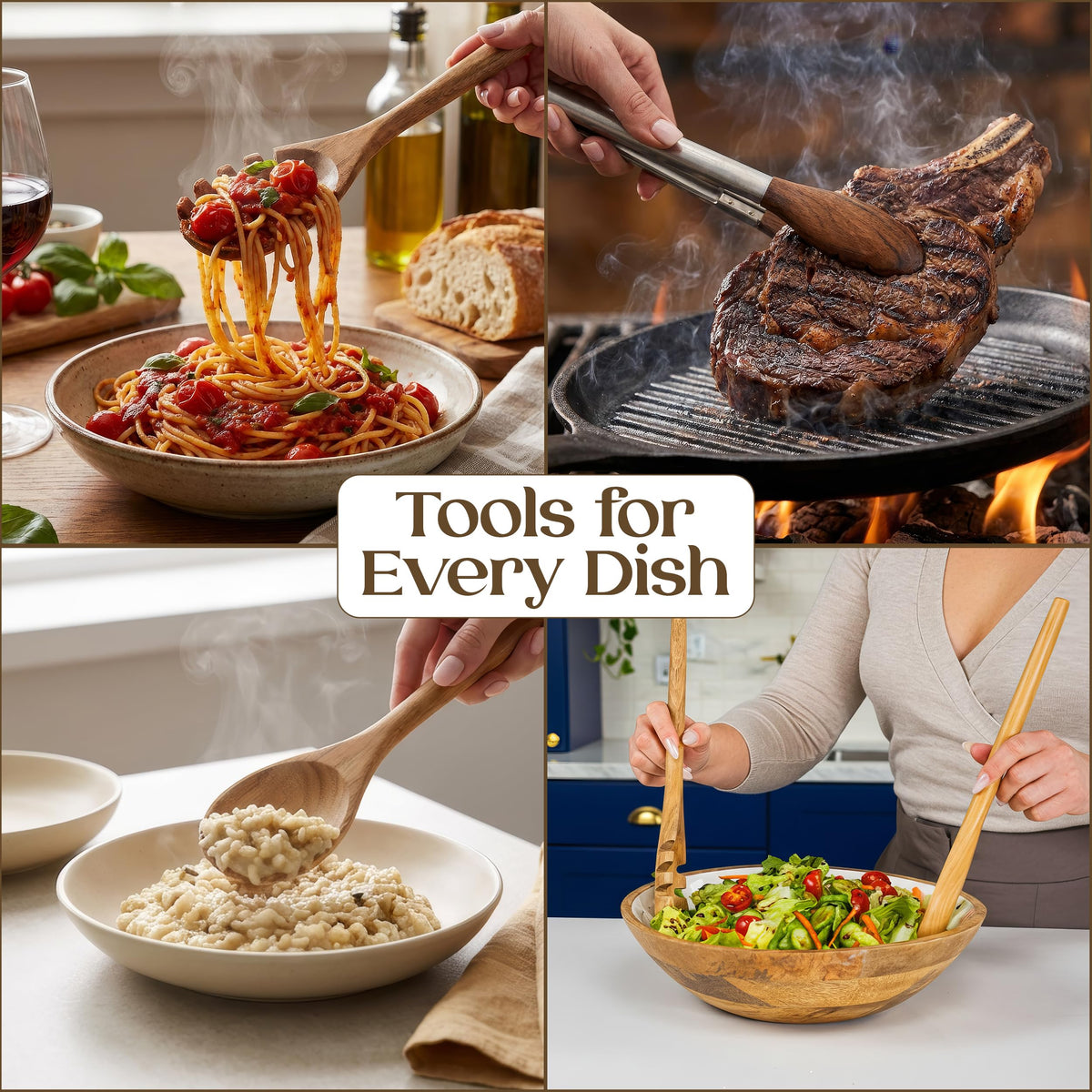 SANJH teak pasta spoon ideal for tossing noodles and serving.