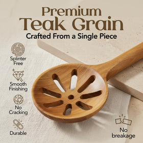 SANJH teak slotted spatula with balanced feel for flipping and stirring.