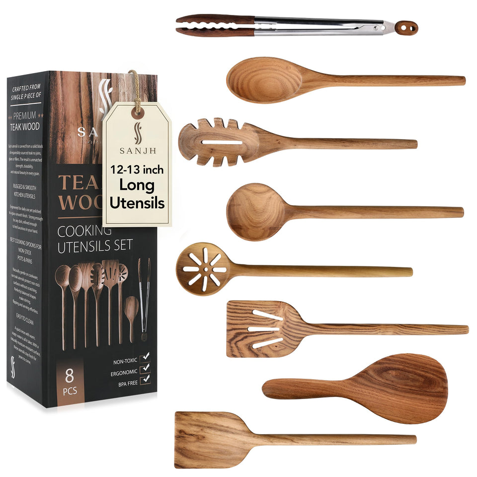 SANJH teak wooden scraper glides across pots without scratching nonstick surfaces.