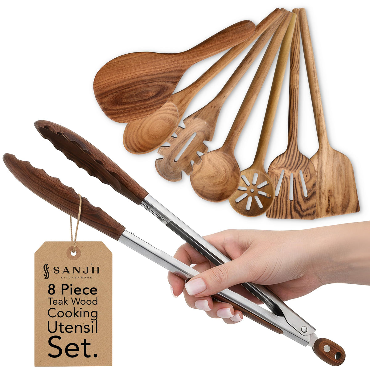 SANJH teak wooden spoon set displayed on a warm kitchen counter.