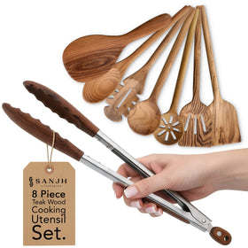 SANJH teak wooden spoon set displayed on a warm kitchen counter.