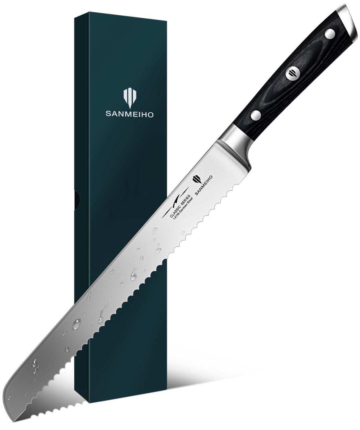SANMEIHO 10-inch bread knife blade with serrated edge for smooth crust cutting.