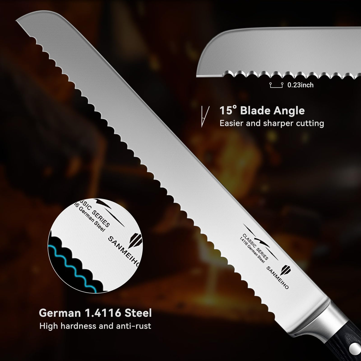 SANMEIHO 10-inch bread knife full tang design ensures balance and durability.