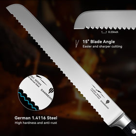 SANMEIHO 10-inch bread knife full tang design ensures balance and durability.
