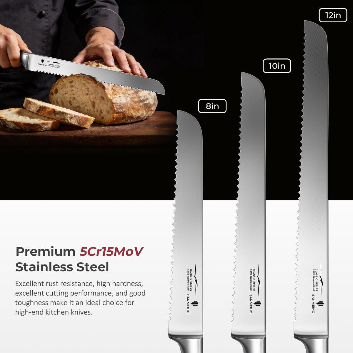 SANMEIHO 10-inch bread knife ergonomic handle provides comfortable control during slicing.