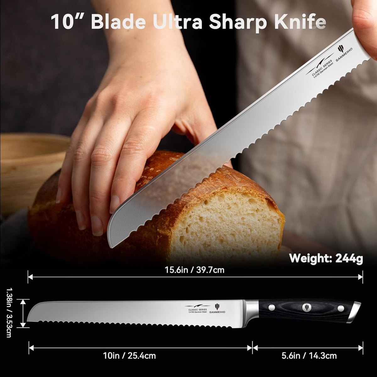 SANMEIHO 10-inch bread knife serrated edge reduces sticking for clean slices.