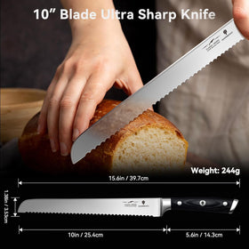 SANMEIHO 10-inch bread knife serrated edge reduces sticking for clean slices.