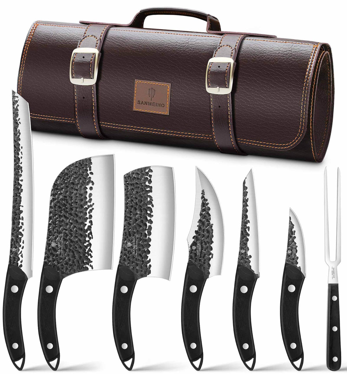 Sanmeiho 8-piece butcher knife set displayed in leather roll for portable meat prep